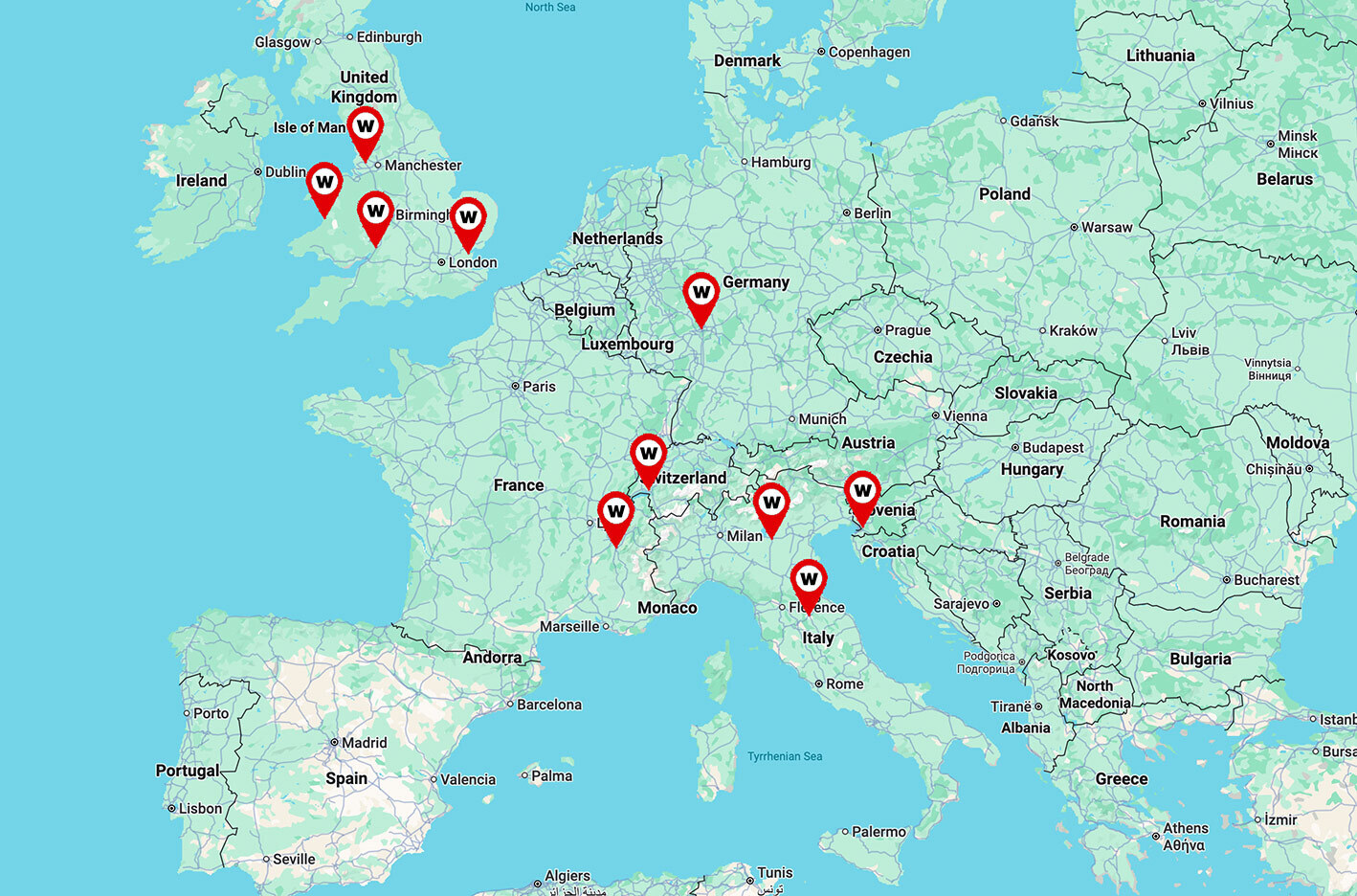 Map of WeatherTech locations across Europe and the UK.